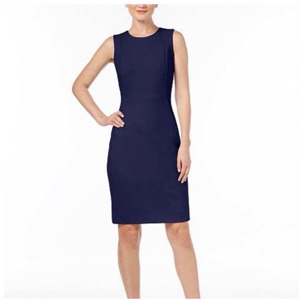 Calvin Klein Sleeveless Navy Blue Scuba Sheath Dress, Size 6P EUC
